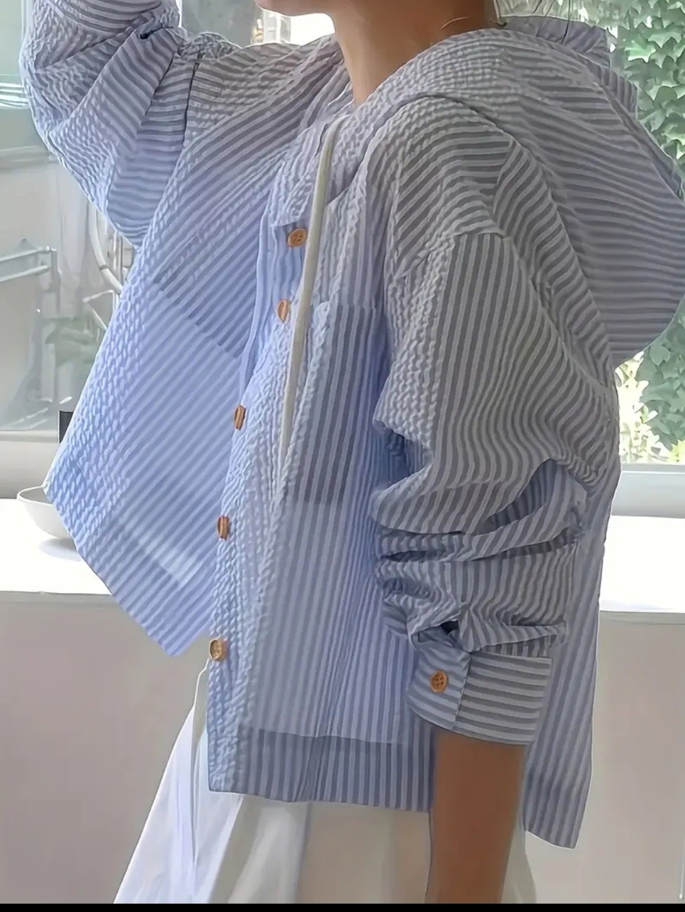 Striped Hooded Button-Front Shirt Jacket in Light Blue & White